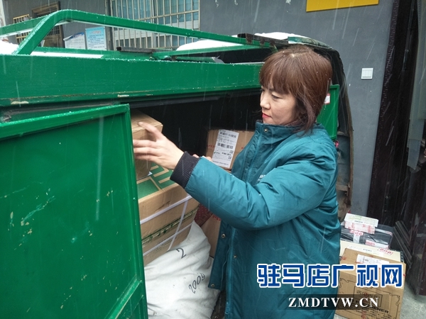 驛城區郵政分公司投遞員冒雪送郵件