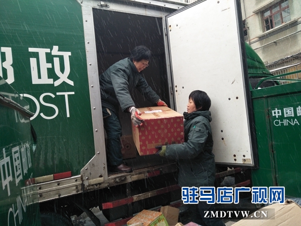 驛城區郵政分公司投遞員冒雪送郵件