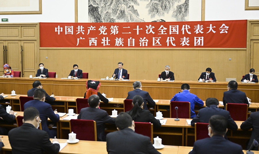 （二十大受權發布）習近平在參加黨的二十大廣西代表團討論時強調 心往一處想勁往一處使推動中華民族偉大復興號巨輪乘風破浪揚帆遠航