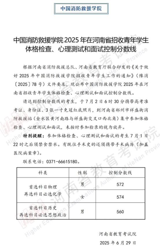軍隊、公安、司法、消防類院校2025年在河南省招生面試、體檢控制線分數線公布